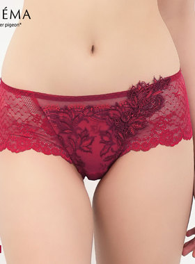 诗萝涵朵TIAM内裤女重工刺绣透明蕾丝性感红色无痕低腰平角裤05