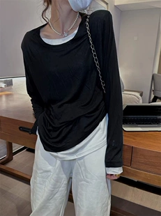 小众设计感拼色白边叠穿假两件洋气小衫 2023春季 天丝棉T恤衫 时尚