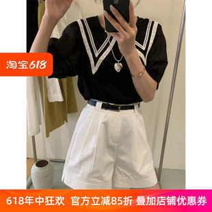 时尚 泡泡袖 2024夏季 休闲上衣 休闲衬衫 甜美风宽松拼蕾丝娃娃领短款