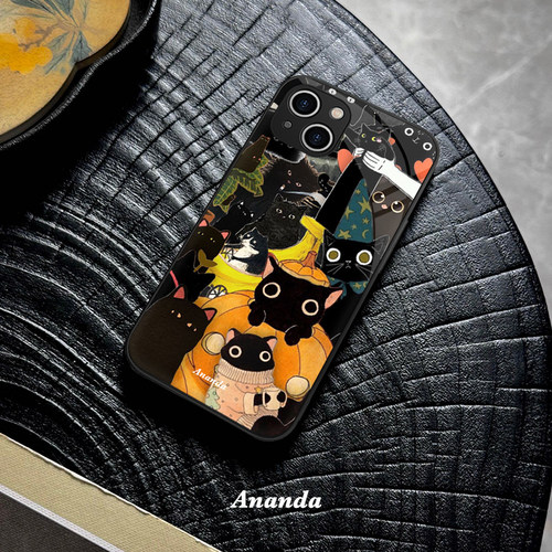 适用苹果oppo华为vivo荣耀iphone16 14promax/15pro/13/12/11/mate60pro新款情侣手机壳plus小众插画黑猫玻璃