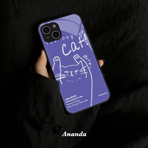 白色线条猫紫色苹果15promax手机壳新款iphone16全包14pro华为小米小众12液态玻璃高级感plus男女11保护套ins