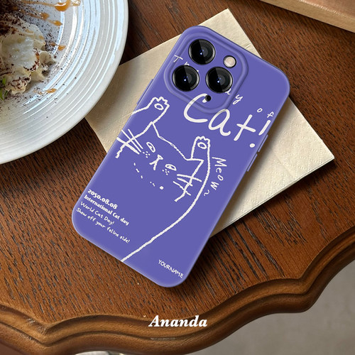 白色线条猫紫色苹果15promax手机壳新款iphone16全包菲林不发黄14pro华为小米小众12高级感plus男女保护套ins