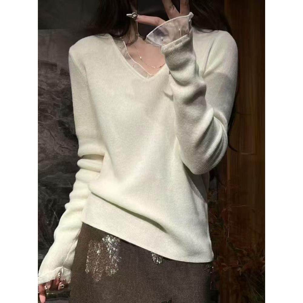 定制100羊毛衫2025春季新款时尚百搭V领长袖针织衫女宽松显瘦上衣