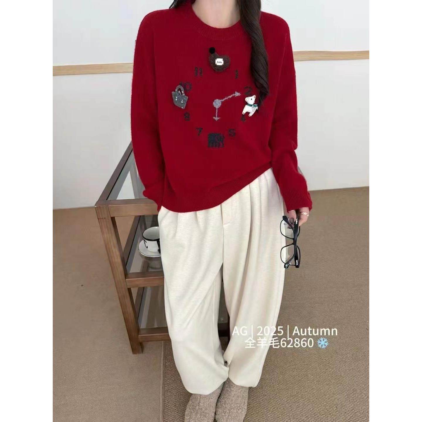 定制100羊毛衫2025春季新款时尚百搭圆领长袖针织衫宽松显瘦上衣