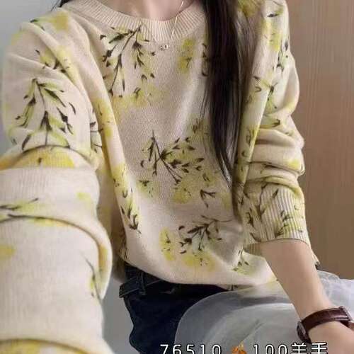 羊毛衫100温柔慵懒风花朵印花圆领针织衫女长袖宽松百搭毛衣上衣