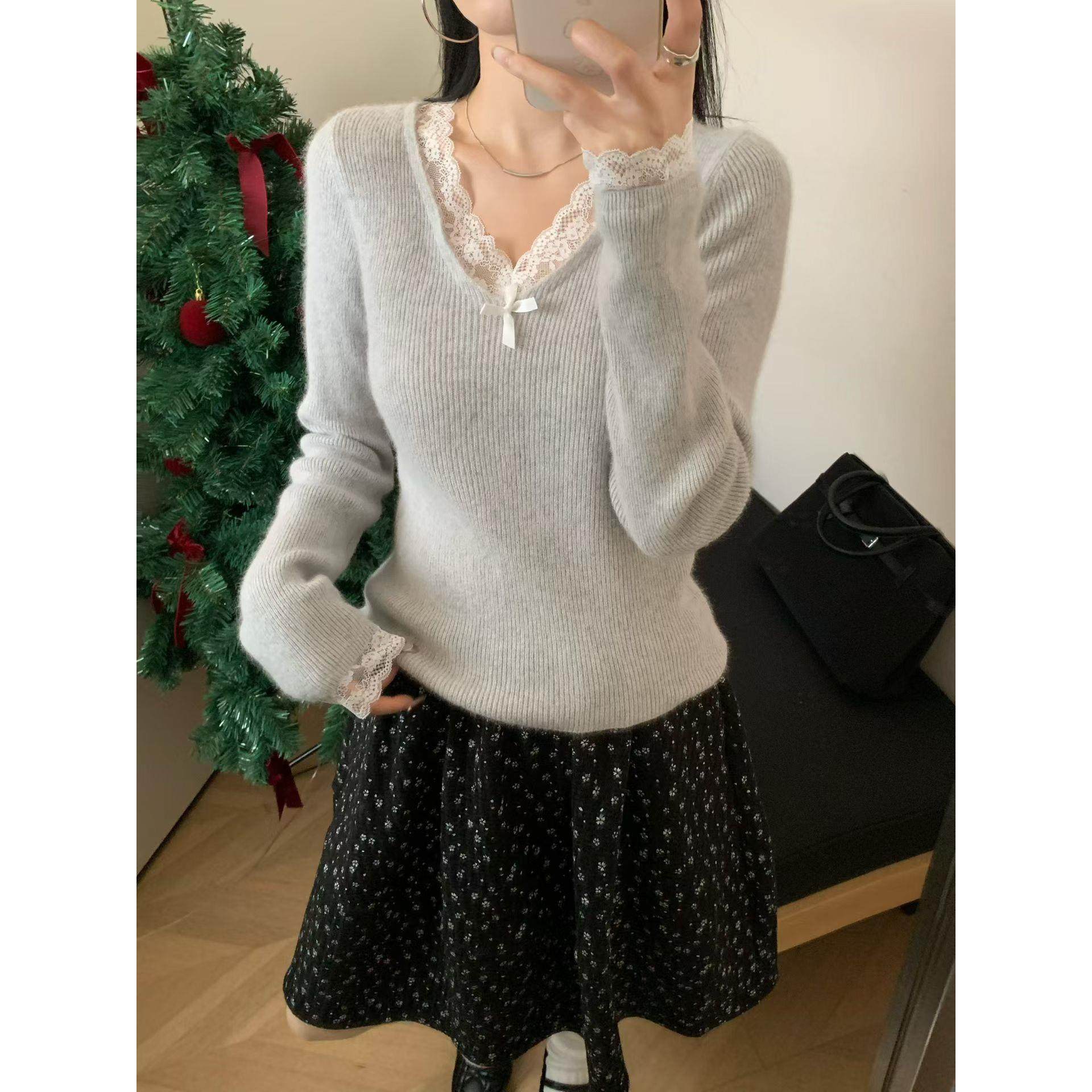 定制100羊毛衫2025春季新款时尚百搭V领长袖针织衫女宽松显瘦上衣