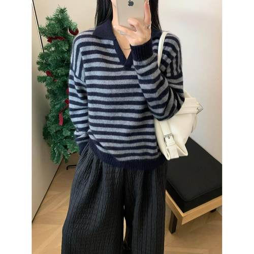 定制100羊毛衫2025春新款时尚百搭V领长袖针织衫女宽松显瘦上衣