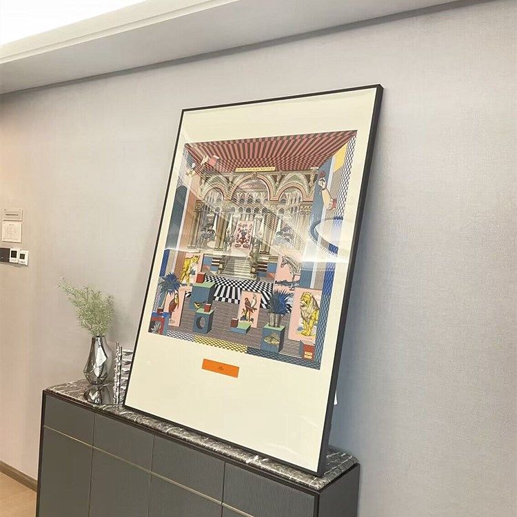 高档真丝丝巾装饰画客厅玄关书房加高金属窄边现代简约长方形挂画