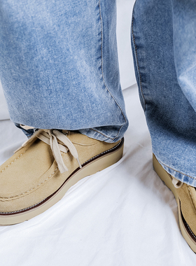 低帮袋鼠鞋男真皮反绒皮软底透气休闲皮鞋男士系带黄色百搭单鞋潮