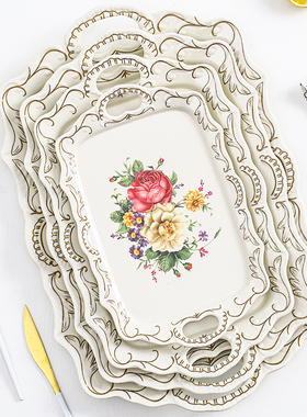 北欧双耳托盘长方形密胺浮雕端盘家用客厅水杯茶杯茶盘水果拖盘餐