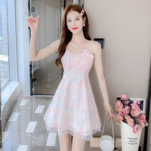 RM18341#夏季新款初恋甜美镂空印花吊带连衣裙