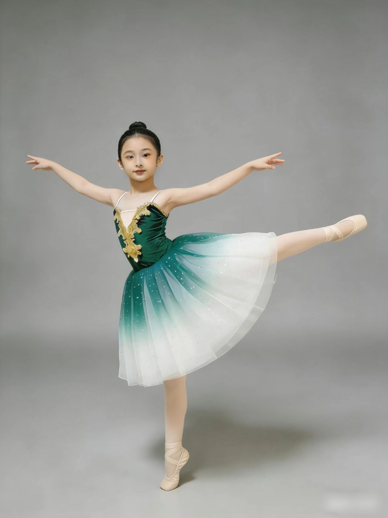 儿童芭蕾舞裙女宝墨绿渐变蓬蓬长纱裙芭蕾舞蹈服TUTU裙团体演出服