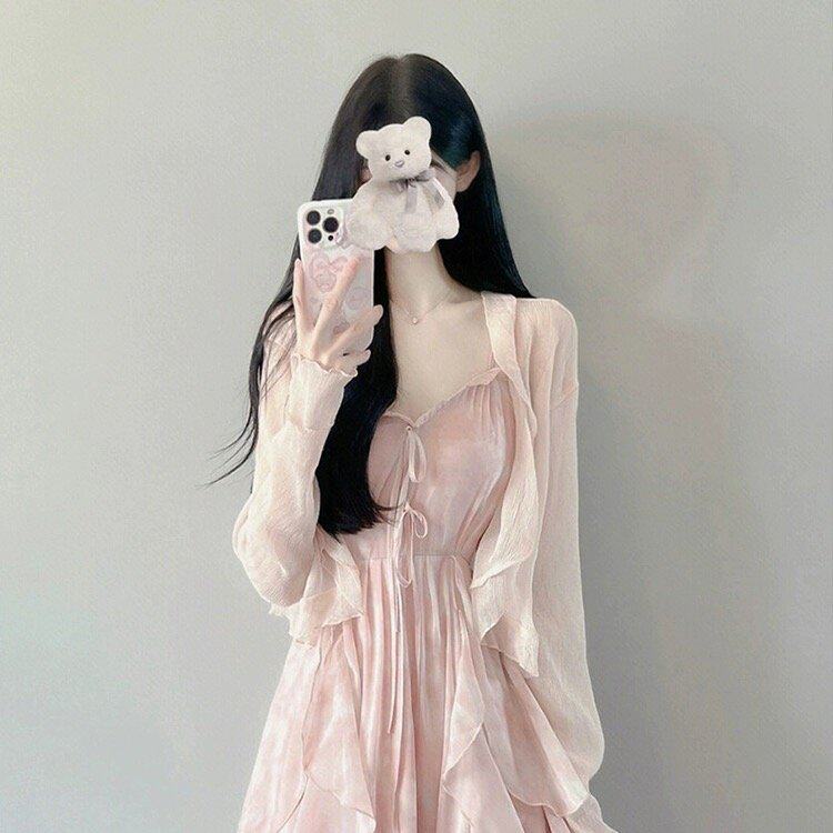 粉色碎花温柔风吊带裙开衫两件套小个子仙女连衣裙春夏装裙子套装