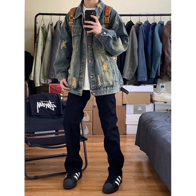 蓝色破洞牛仔外套男春秋款