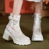 汉服鞋 2025秋季 新款 靴子女短靴秋冬加绒刺绣花靴厚底松糕底增高