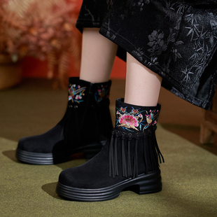 厚底 国风民族风复古女鞋 秋冬新款 流苏靴短靴棉刺绣花靴女加绒中式