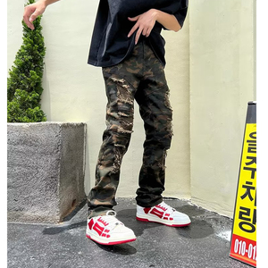 迷彩牛仔裤潮流破洞休闲男士长裤高端时尚修身直筒秋冬季裤子男