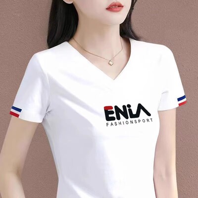 高档纯棉V领短袖t恤女夏季薄款中年妈妈大码女装休闲百搭体恤上衣