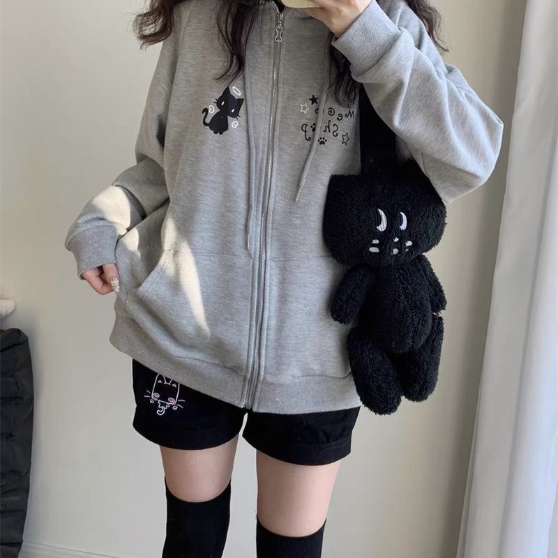 日系可爱小猫刺绣格纹卫衣