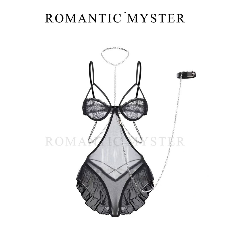 束缚天鹅 法式性感镂空纯欲蕾丝网纱薄款高级感吊带挂脖睡裙套装