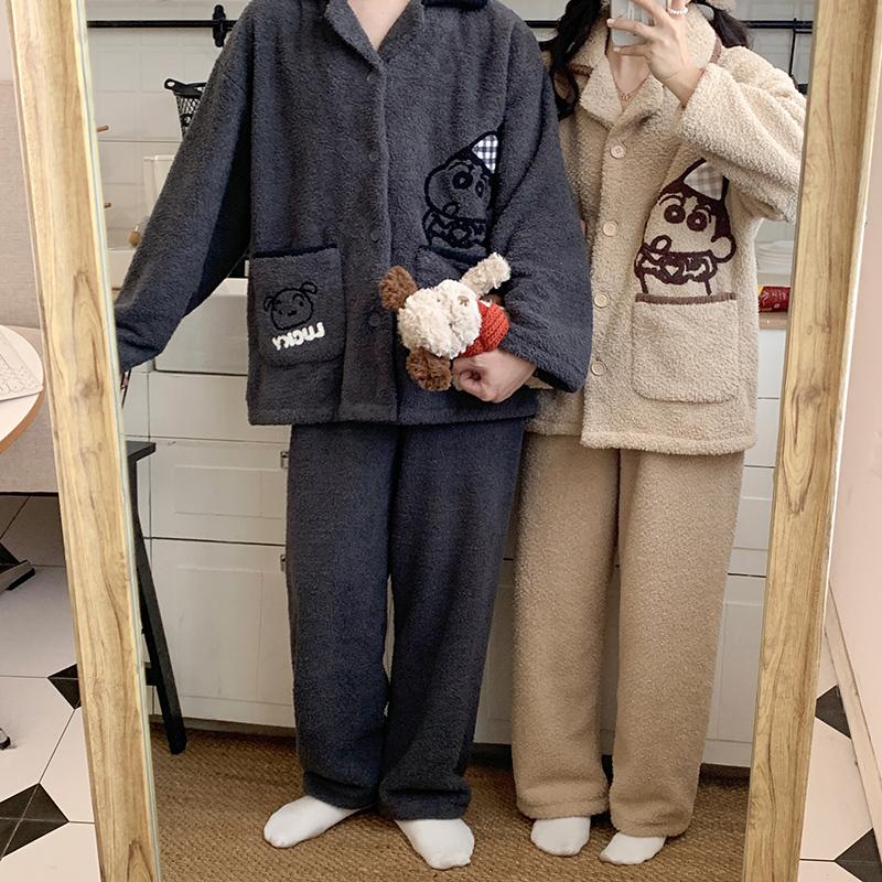 高级情侣珊瑚绒睡衣女冬季半边绒加绒加厚保暖套装男士冬款家居服