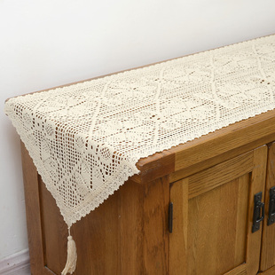 米白色田园桌旗棉线镂空餐桌布装饰布艺茶几垫电视柜五斗橱餐边柜