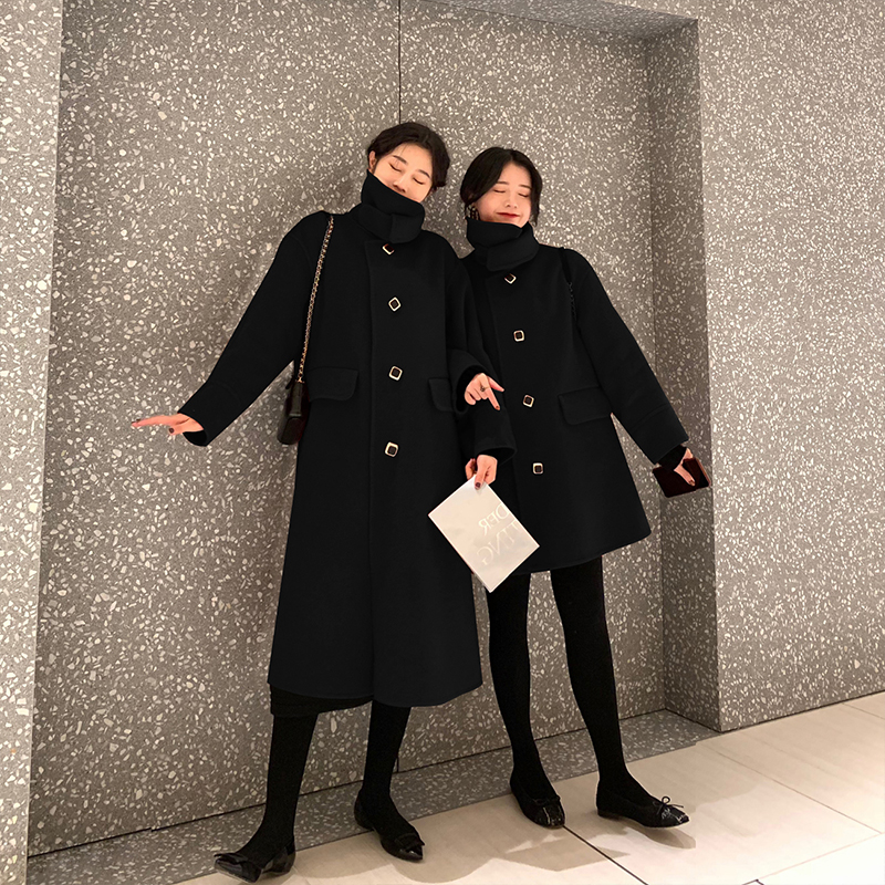 黑色毛呢外套女2023秋冬小个子中长款韩系双面羊绒呢子大衣高级感