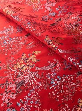大红色小船亭台楼阁织锦缎提花面料旗袍外套马甲丝滑光泽绸缎布料