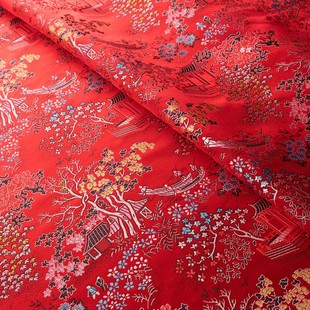 大红色小船亭台楼阁织锦缎提花面料旗袍外套马甲丝滑光泽绸缎布料