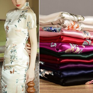 绣花醋酸缎面料进口真醋酸刺绣丝绣苏绣光泽感中国风旗袍马甲布料