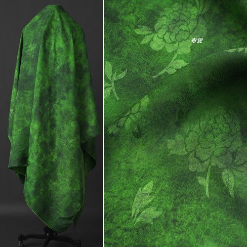 草绿色牡丹花暗纹香云纱花萝面料