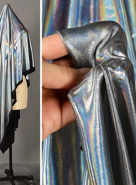 银灰色幻彩雾金面料 柔顺弹力薄款烫金闪光 黑银色镭射炫彩布料