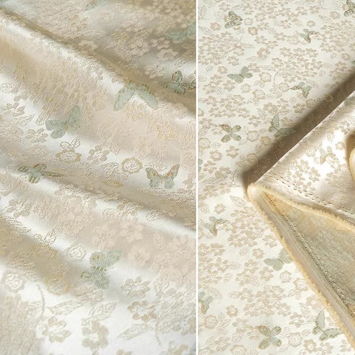 蝴蝶小花朵织锦缎提花面料 浅米黄色 旗袍马甲连衣裙丝滑光泽布料