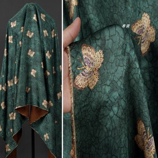 蝴蝶香云纱花萝面料 墨绿色 龟裂纹透气吊带裙旗袍上衣印花DIY布