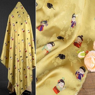香云纱·花萝提花面料-小唐人仕女图 浅黄色中式旗袍外套透气布料
