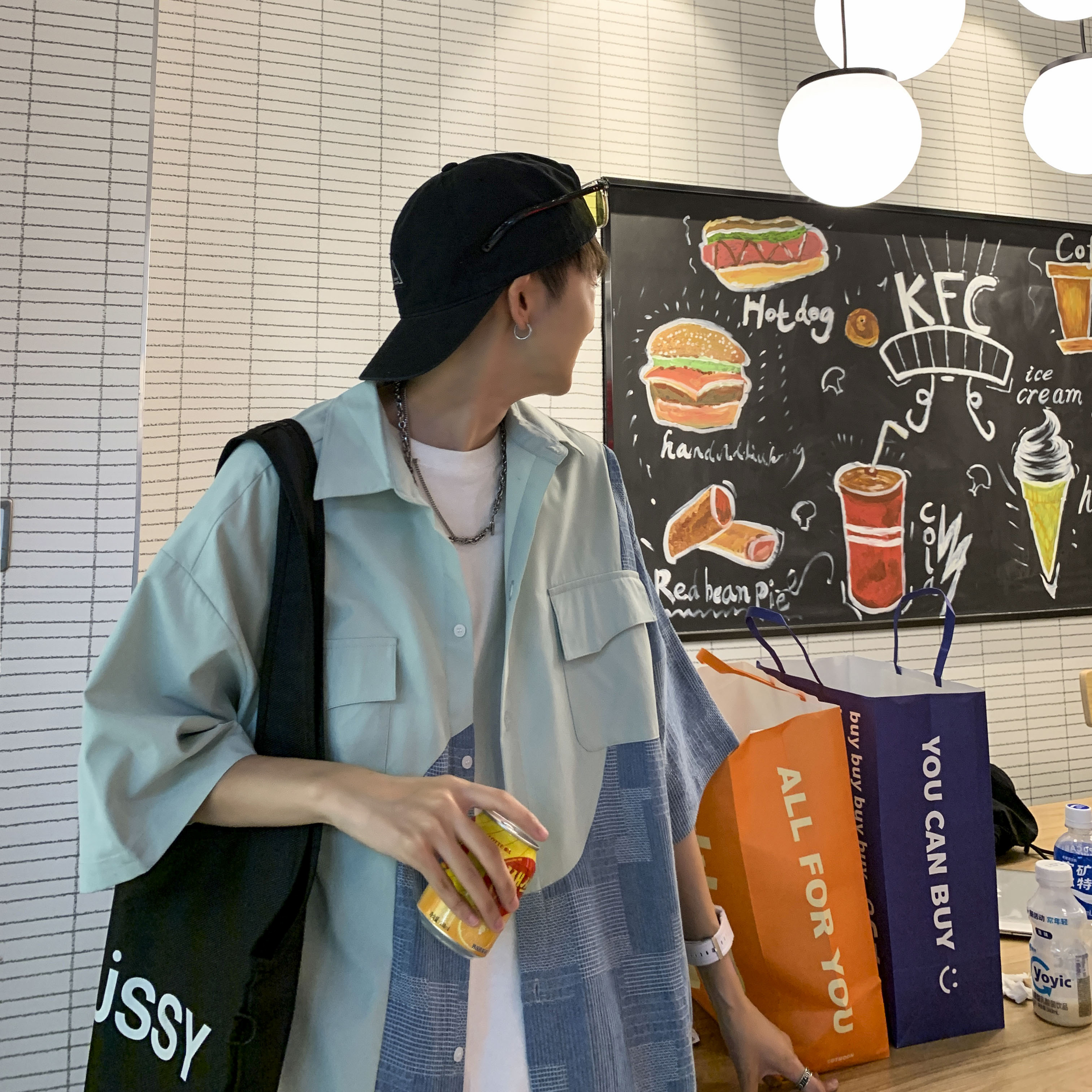 wassuphappy日系短袖衬衫男夏季薄款宽松翻领拼接衬衣服休闲外套,男装衬衫,星座1014