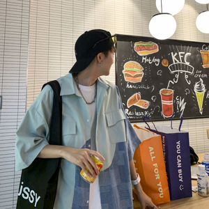 wassup happy日系短袖衬衫男夏季薄款宽松翻领拼接衬衣服休闲外套图片