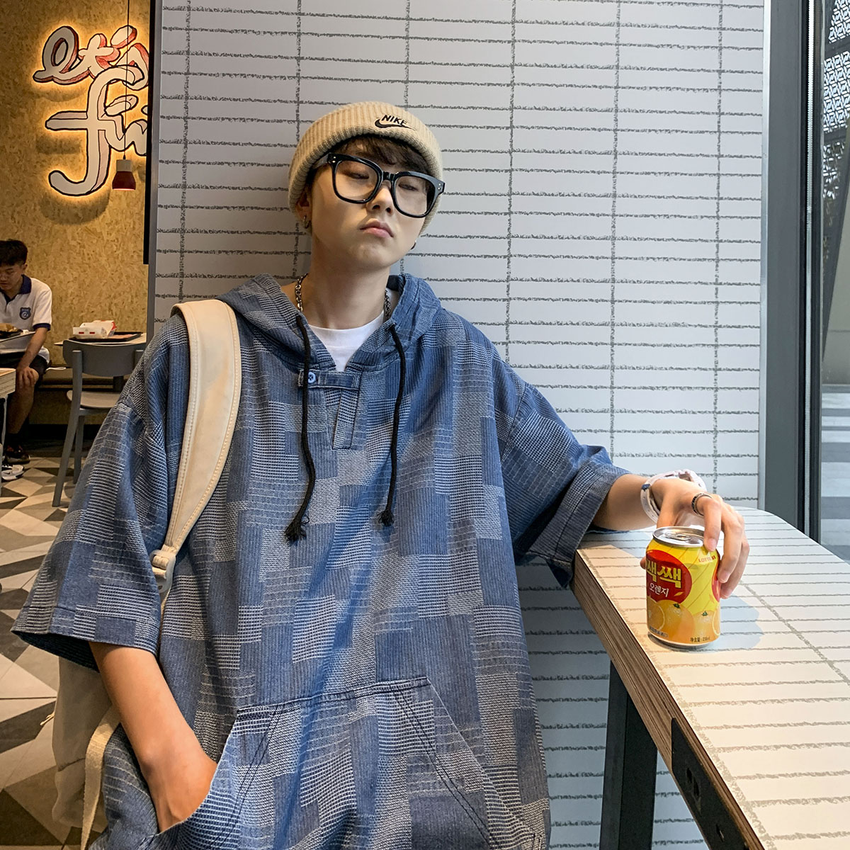 现货1014-T2168-P55-2023夏季新款薄款格子牛仔短袖套头连帽卫衣,男装T恤,星座1014