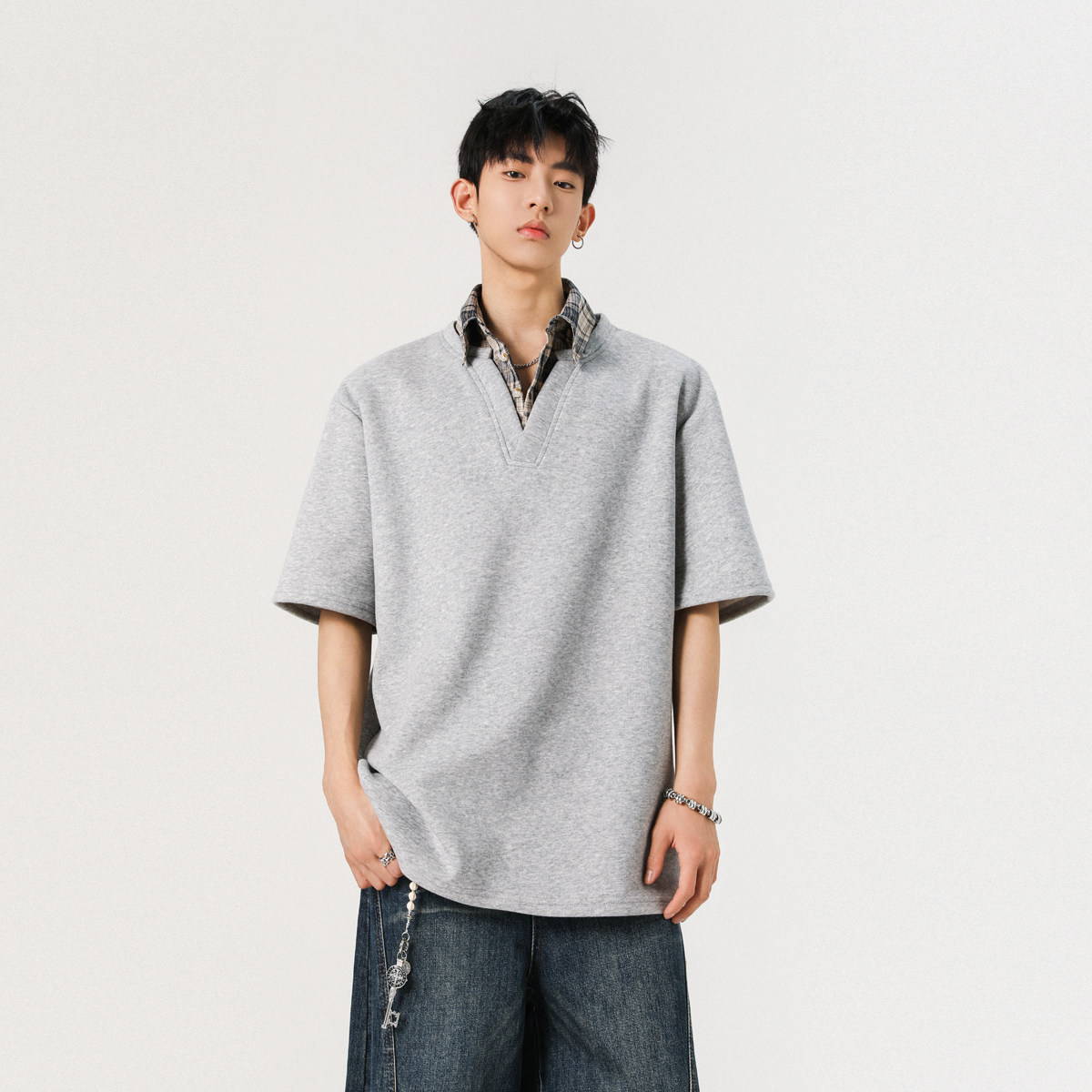 现货1014-TT288-P48假两件t恤男拼接翻领短袖高级痞帅半袖,男装T恤,星座1014