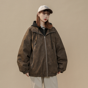 现货1014-MY7709-P148美式复古做旧PU皮衣棉服女2025新款冬季图片
