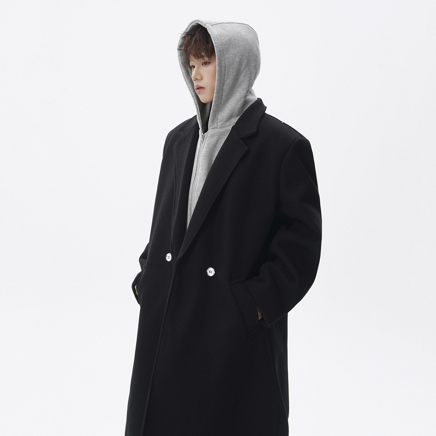 FY928~黑色中长款假两件可拆卸毛呢大衣男款冬季男加厚呢子风衣，男装风衣，星座1014