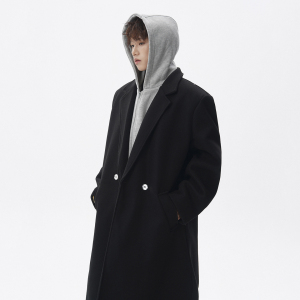 FY928~黑色中长款假两件可拆卸毛呢大衣男款冬季男加厚呢子风衣，男装风衣，星座1014