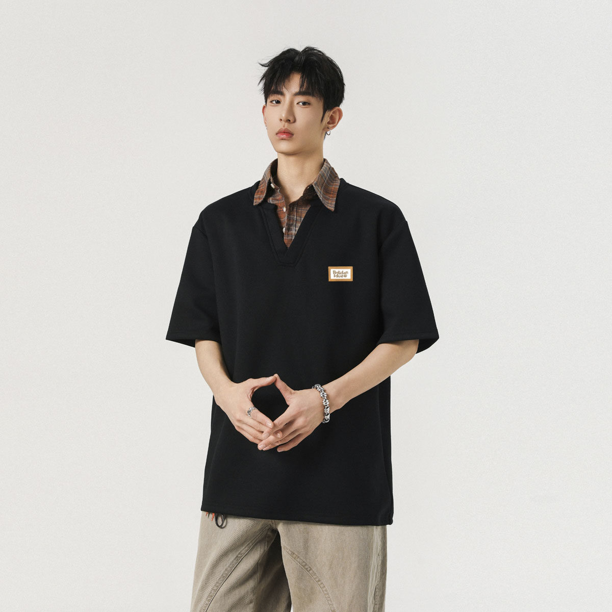 现货1014-TT291-P49美式格子polo领短袖男夏季新款学院风假两件图片