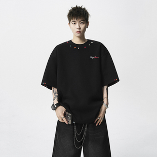 现货1014 阳光干净男生穿搭短袖 T408 夏季 P48彩虹刺绣t恤男款 爆款