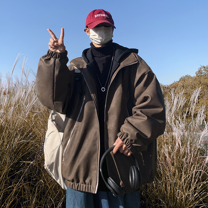 现货1014-MY7709假两件连帽PU皮棉服男冬季2025新款美式复古,男装棉衣,星座1014