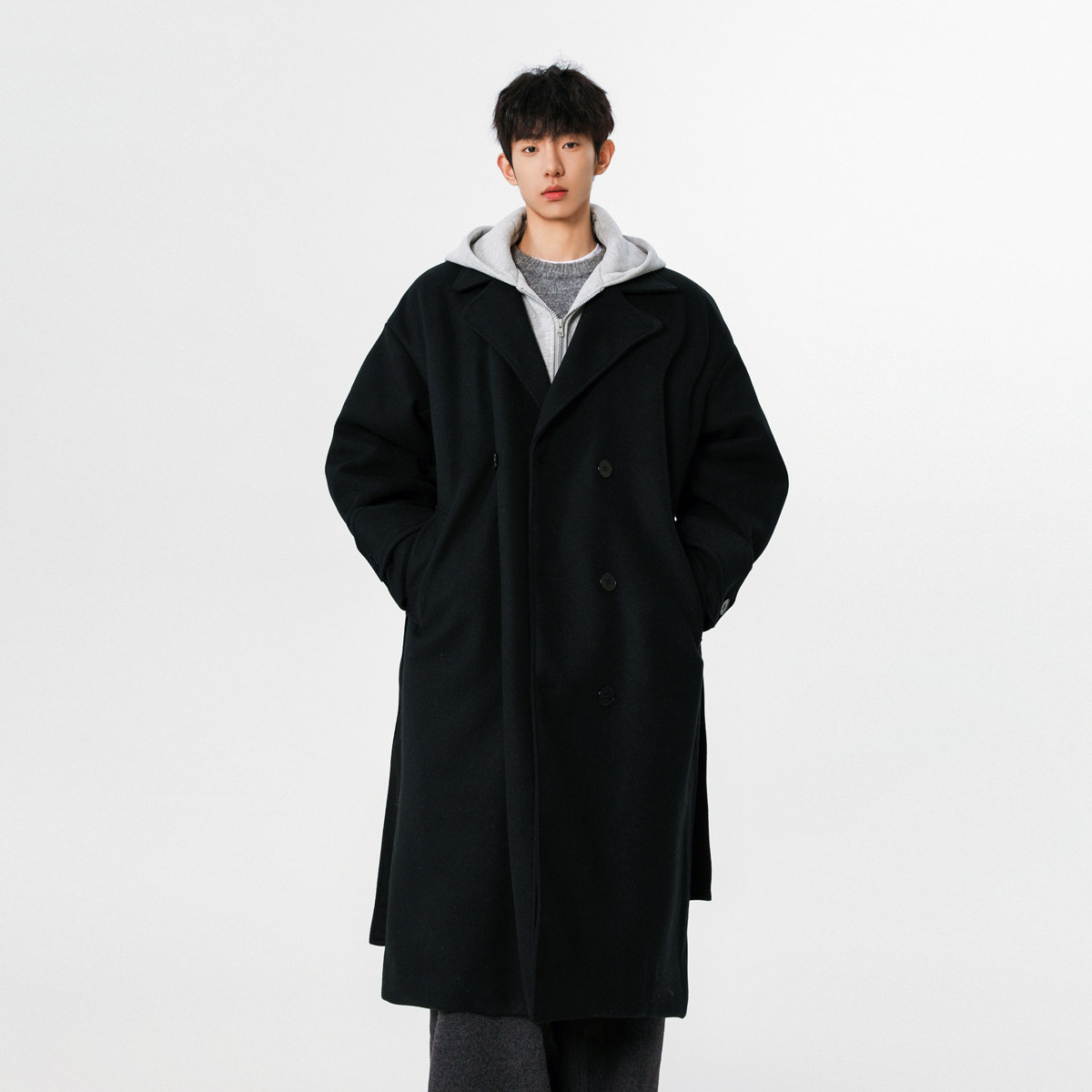 现货~FY373-P148~2025秋冬中长款可拆卸假两件连帽毛呢大衣,男装毛呢大衣,星座1014