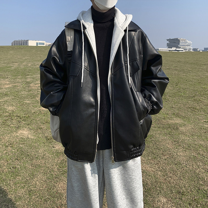1014-PY985-P148假两件皮衣外套男2025年新款机车服pu皮夹棉棉衣,男装皮衣,星座1014