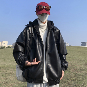 1014-PY985-P148假两件皮衣外套男2025年新款机车服pu皮夹棉棉衣图片