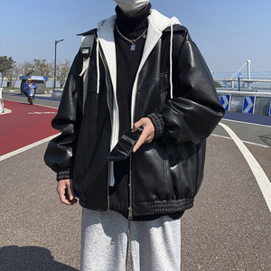1014-PY985-P148假两件皮衣外套男2025年新款机车服pu皮夹棉棉衣图片
