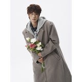 1014-FY928~2025新款黑色中长款可拆卸连帽毛呢大衣男冬季棉外套，男装毛呢大衣，星座1014